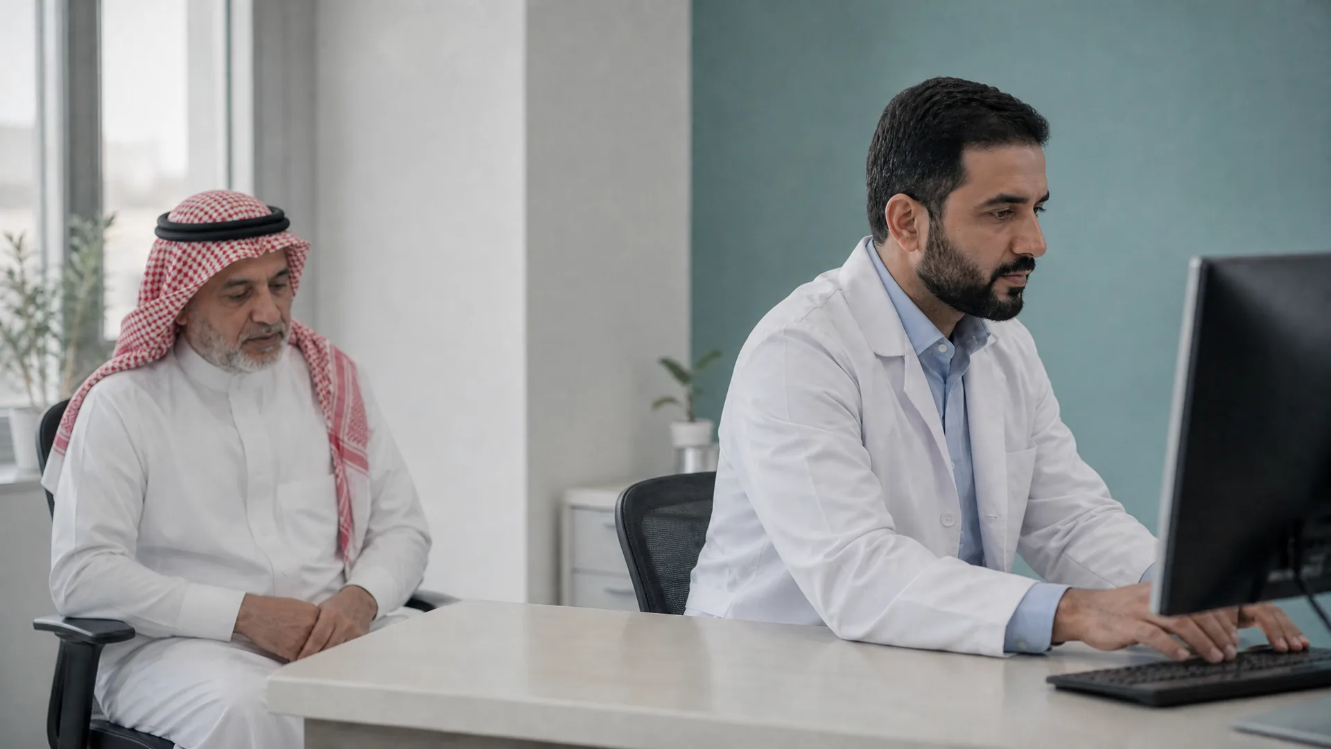 طبيب مستدير نحو شاشته يكتب، بينما ينتظر مريضه